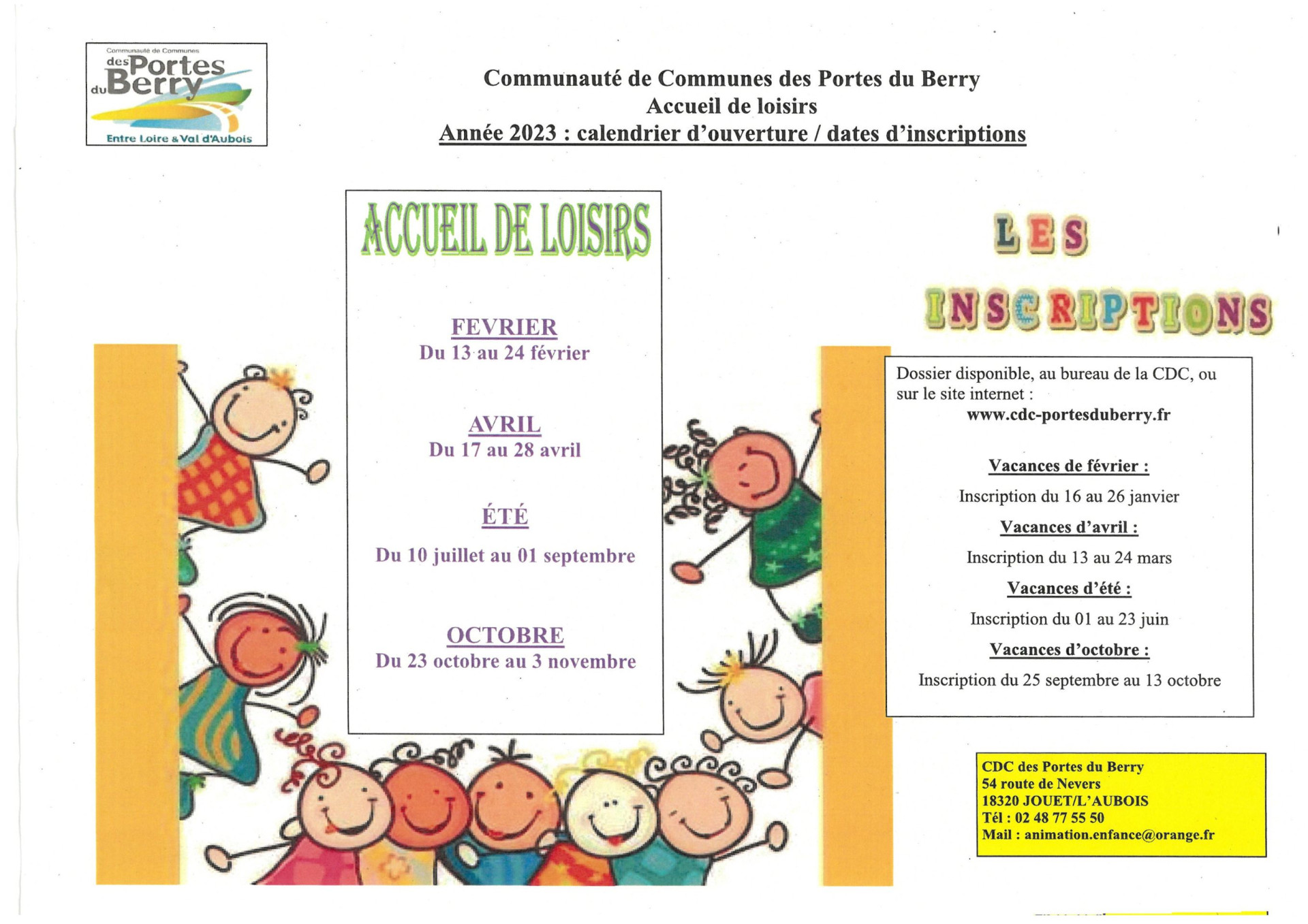 calendrier d'ouverture 2023 ALSH